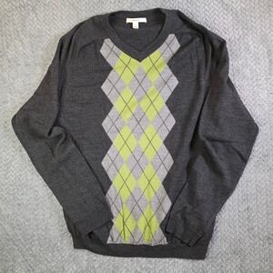 Merona Men's V-Neck Argyle Sweater Dark Gray Lime Green Size L
